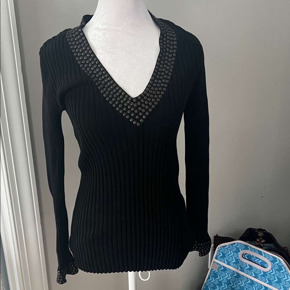 Elegant Black V-Neck Sweater with Studded Detail